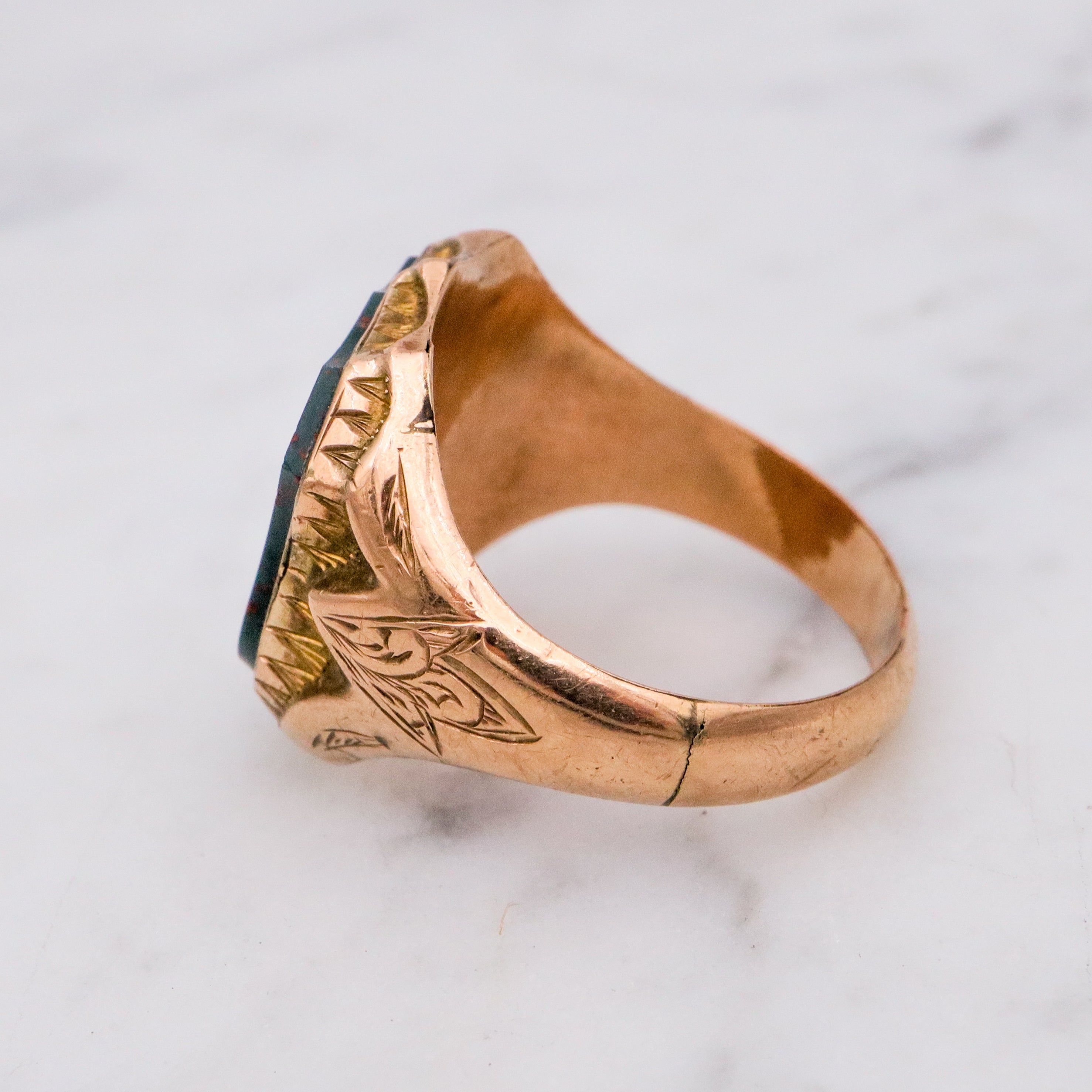 Antique Victorian 1885 English 9k gold bloodstone signet ring, sz 7.5